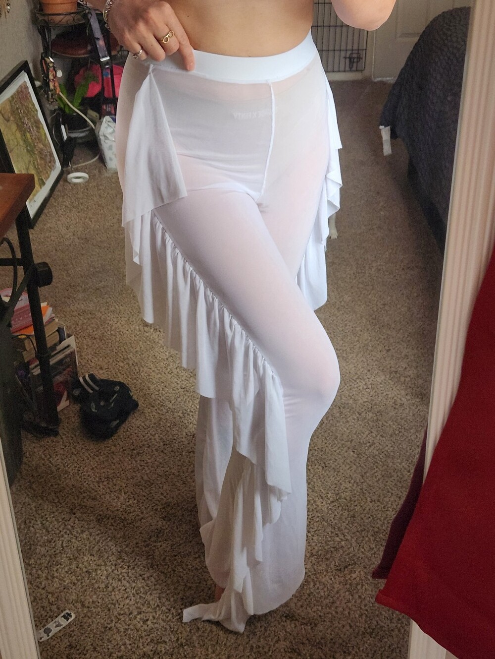 white mesh swim cover/ frilled rave festival pants